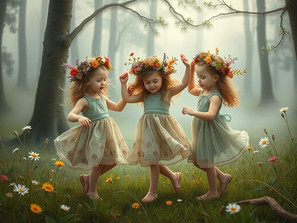 Whimsical Toddler Girls Dance in Morning Misty Forest Meadow