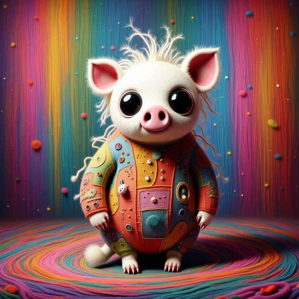 Stitched Piglet with Happy Eyes in Photorealistic Style