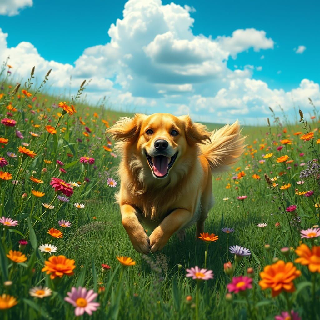 Joyful Golden Retriever in Vibrant, Fantastical Landscape