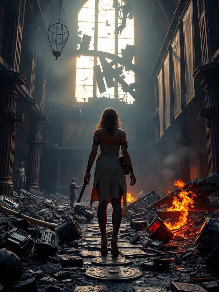 Woman in Ruined Hall with Shattered Mechs