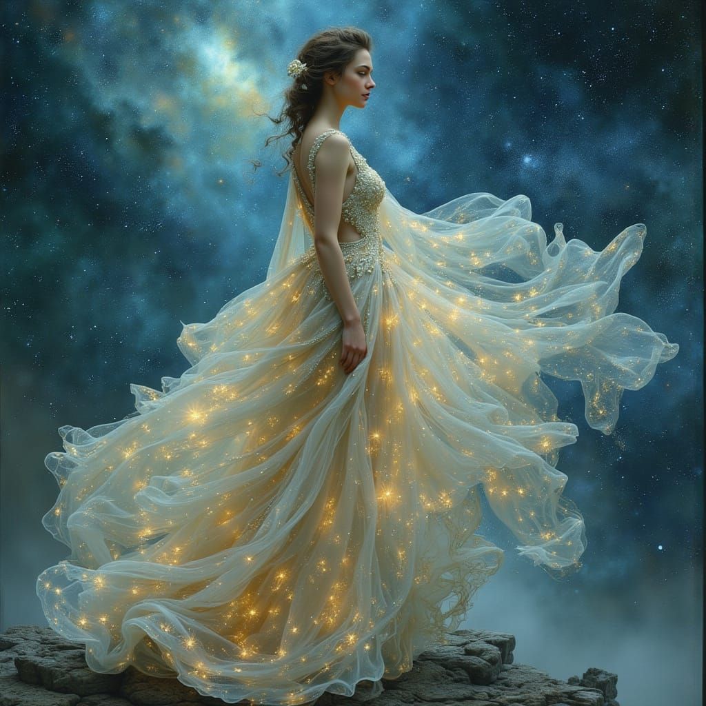 Ethereal Queen Overlooking Nebula in Art Nouveau Style