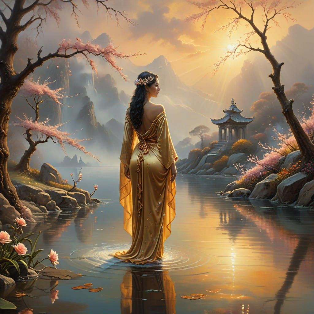 A serene lakeside adorned with peach blossoms that scatter their petals into shimmering water. An Aztec priestess clad i...