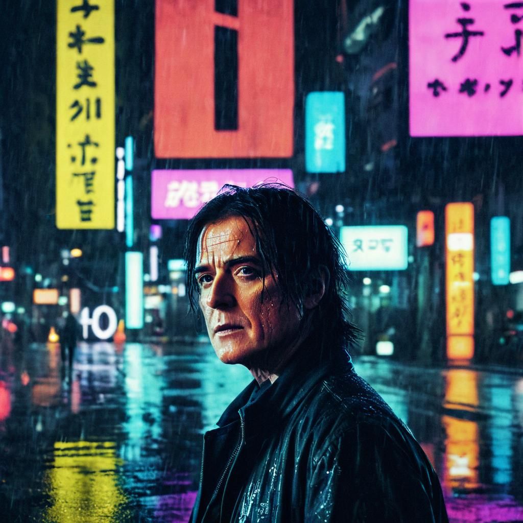 Cyberpunk Protagonist in Rainy Cityscape