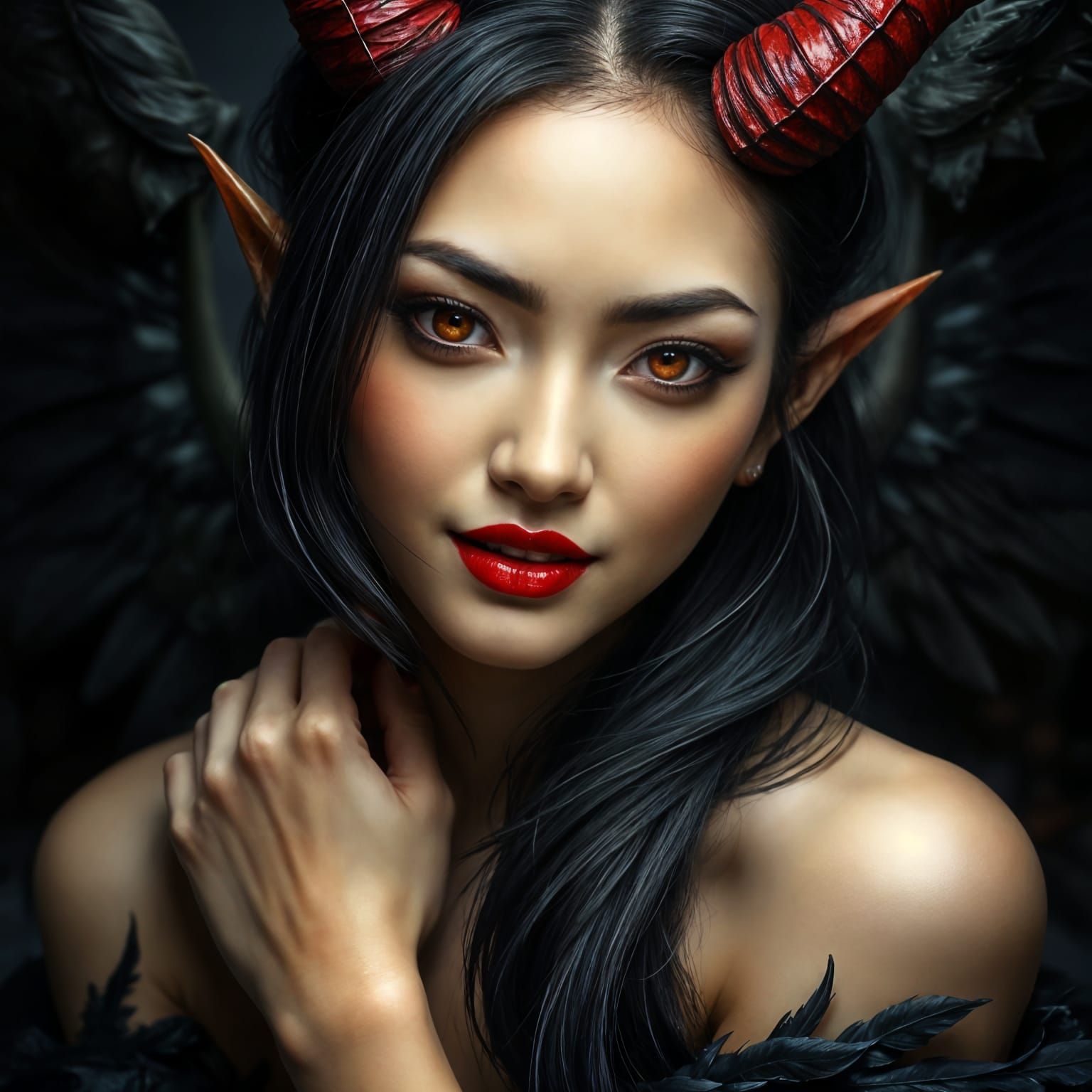Gothic Goddess with Crimson Horns and Red Eyes
