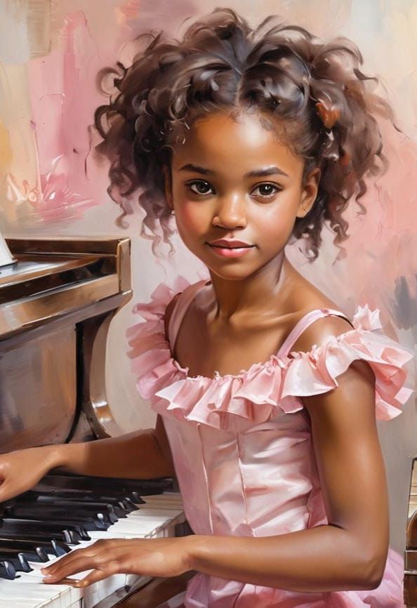 Girl Playing Piano in Impressionistic Pastel Hues