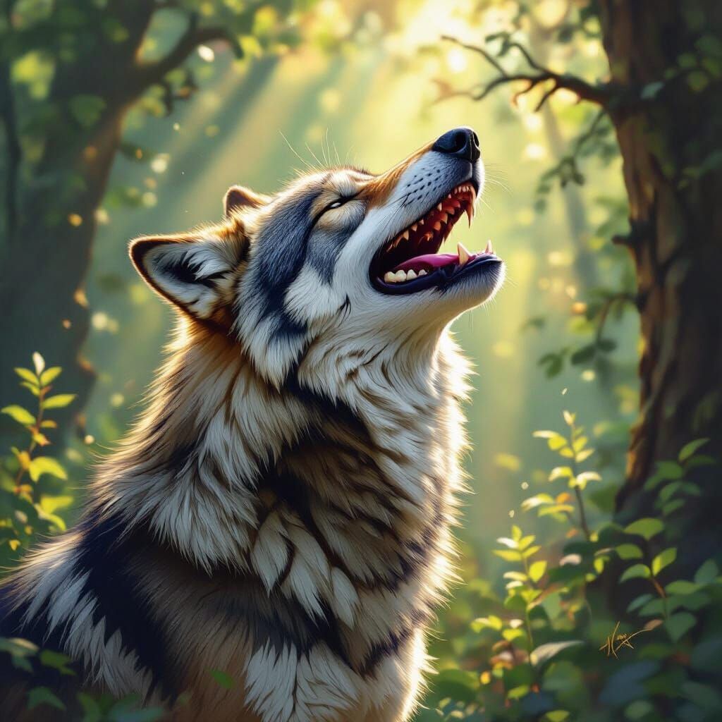 Majestic Wolf Laughing in Sunlit Ancient Forest