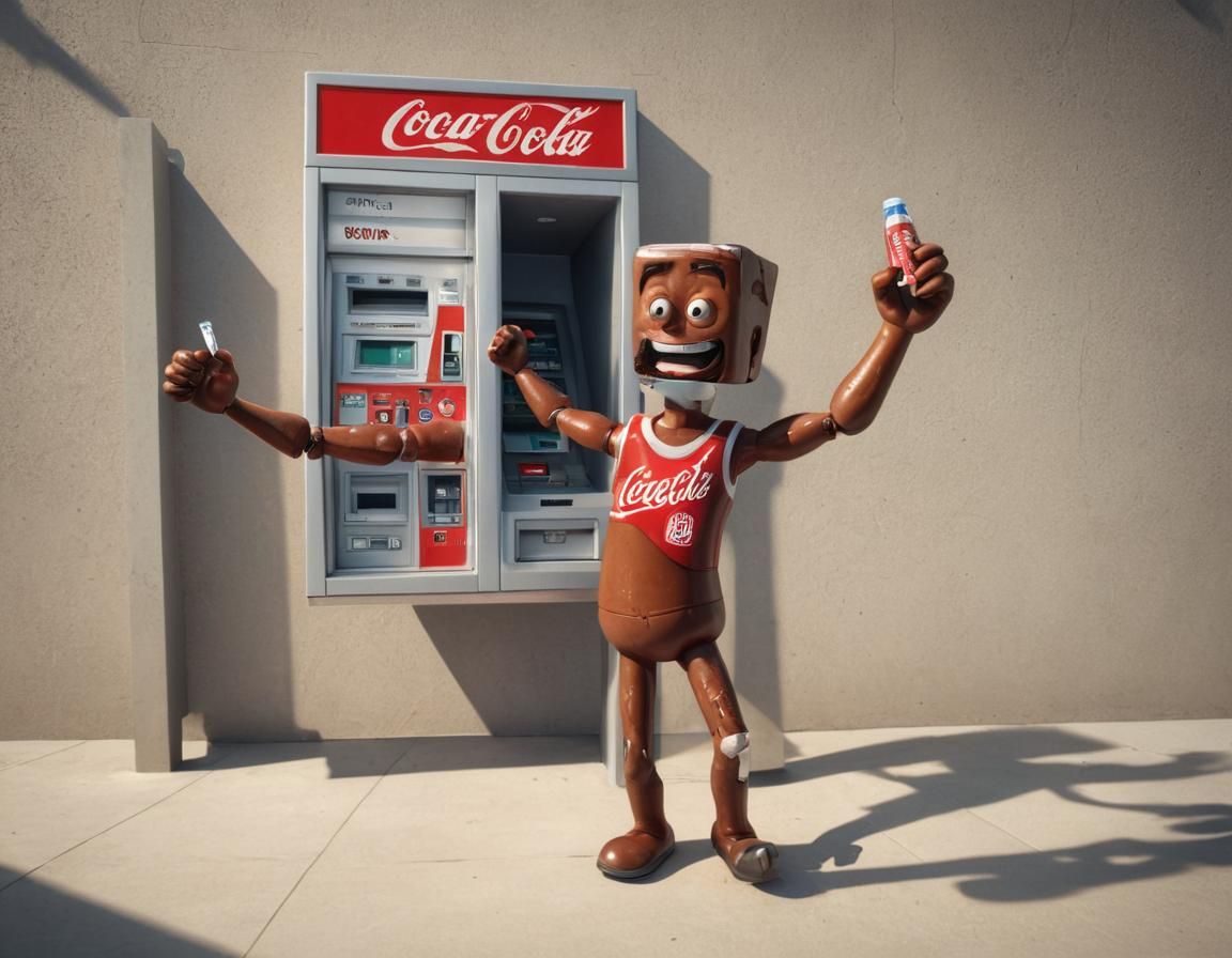 Comedic Coke Bottle Deposits Cash: Cartoon Style
