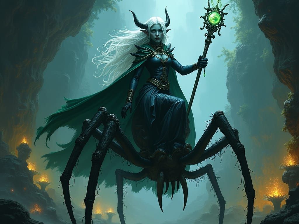 Dark Elf Mage Rides Giant Spider into Underground City