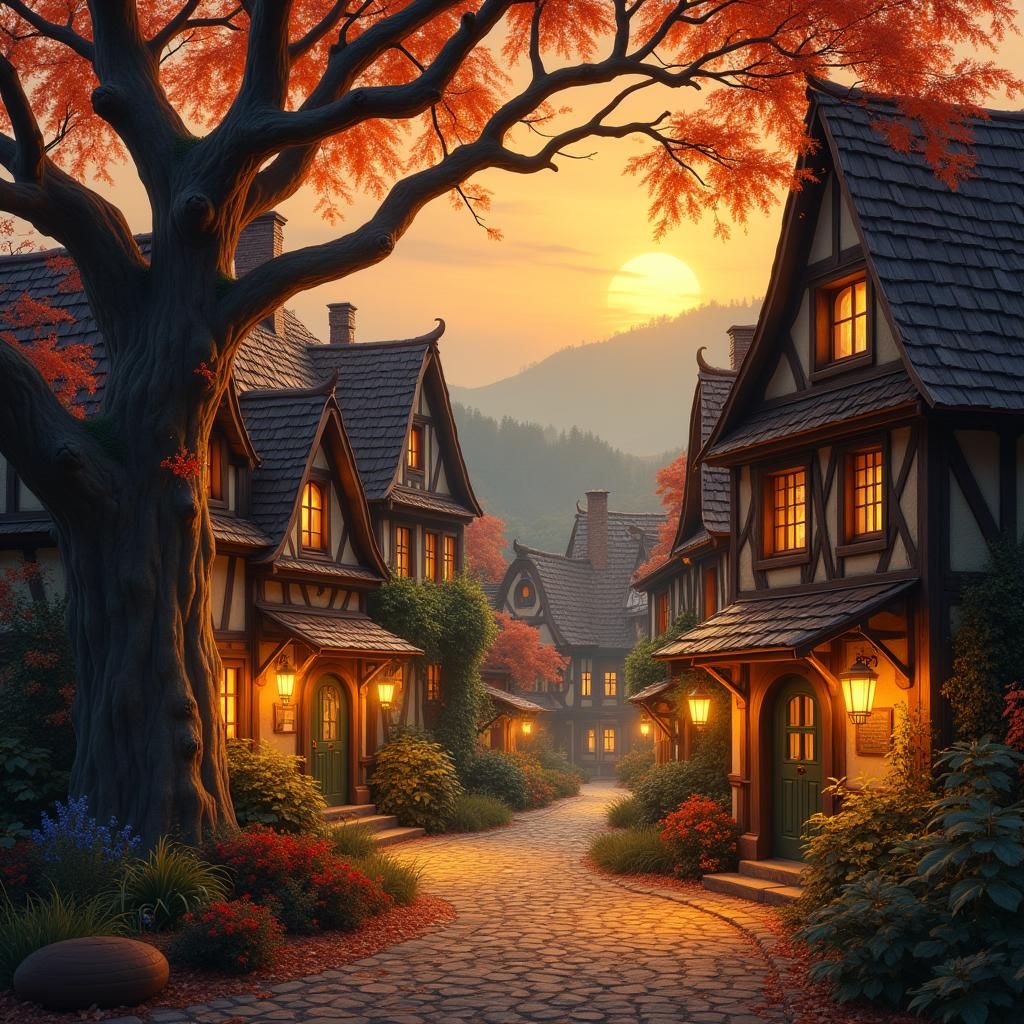 Charming Autumn Village with Twinkling Lanterns