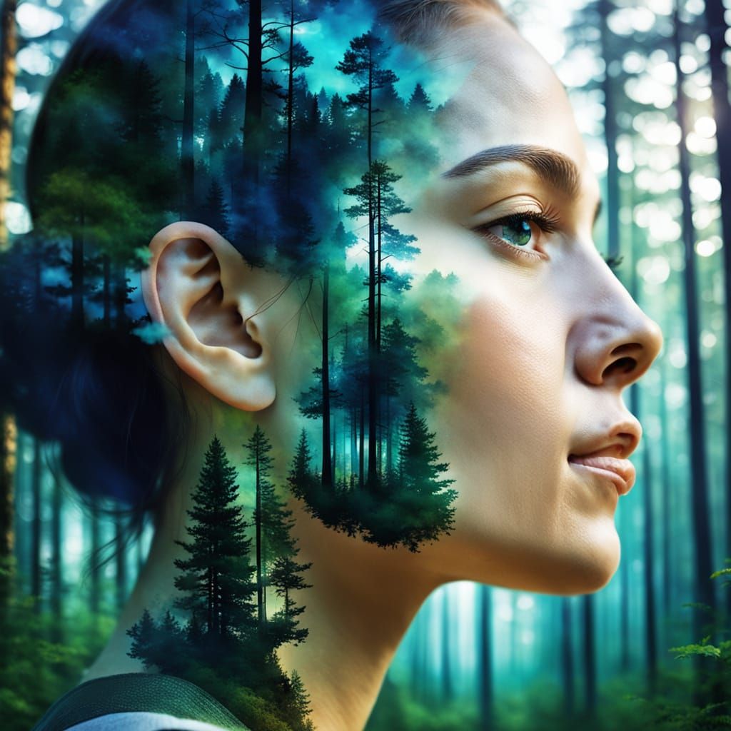 Double Exposure Portrait of Woman and Forest