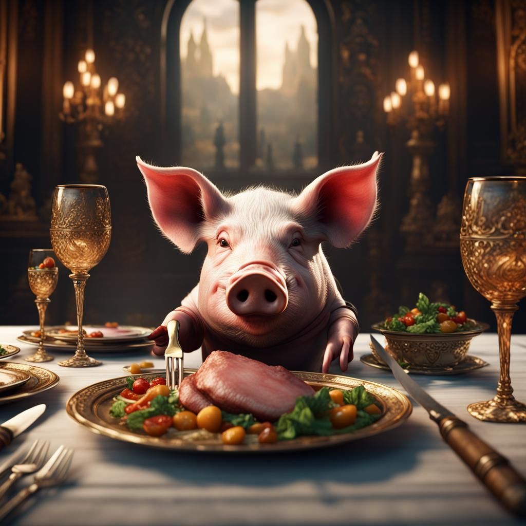 Pig at Fancy Dinner: Detailed Matte Painting