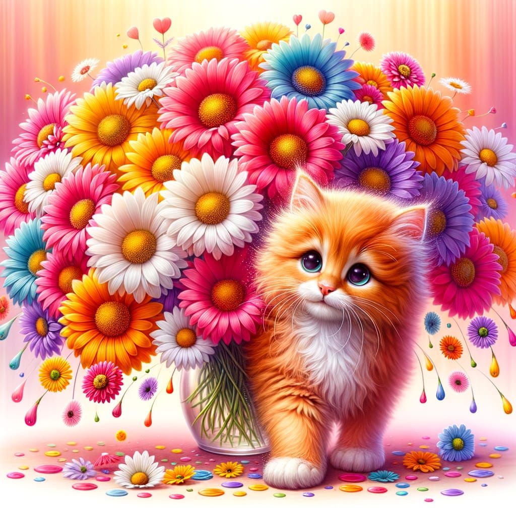 Vibrant Orange Kitten Holding Colorful Daisy Bouquet in Play...