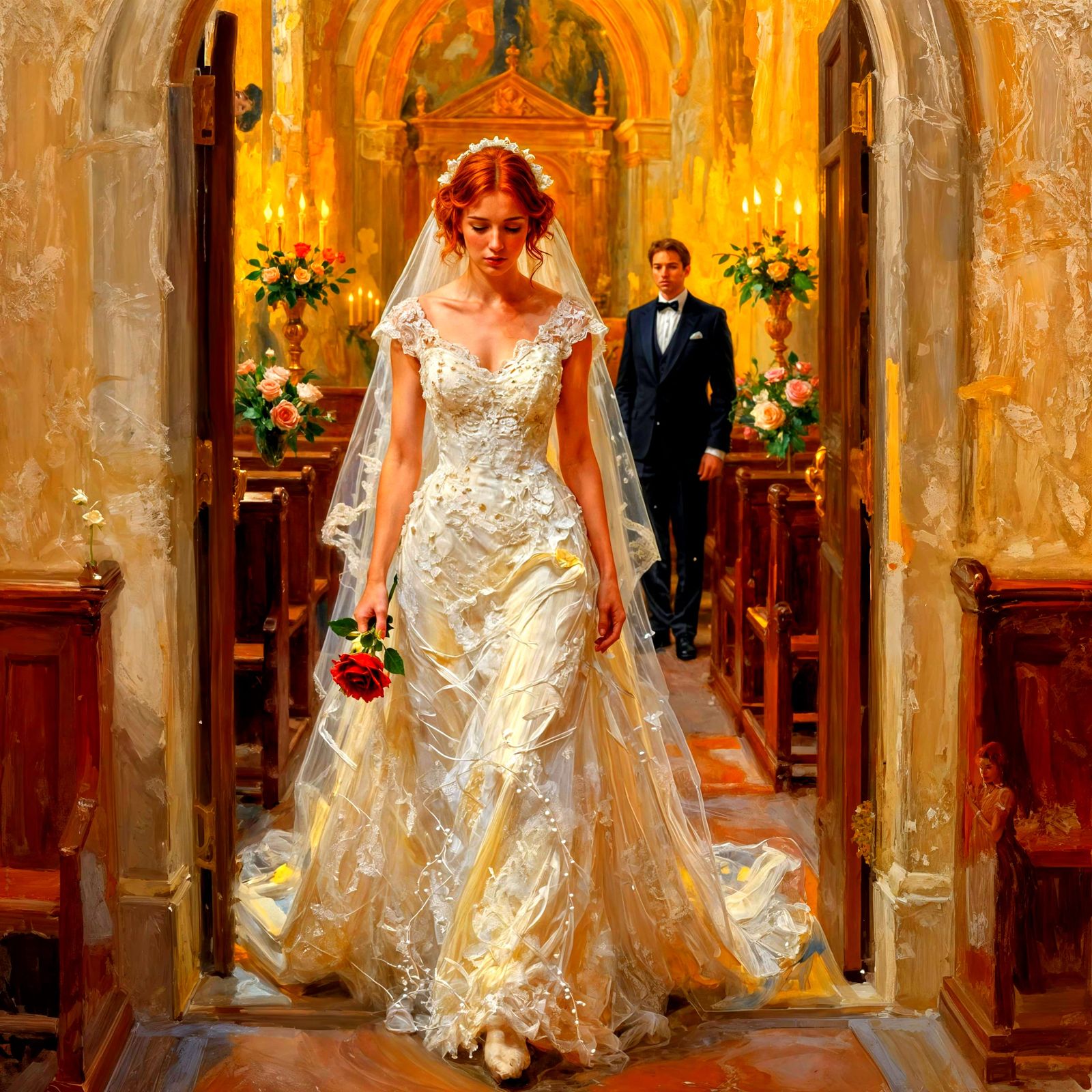 Sorrowful Bride Steps From Ancient Church in Impasto Style