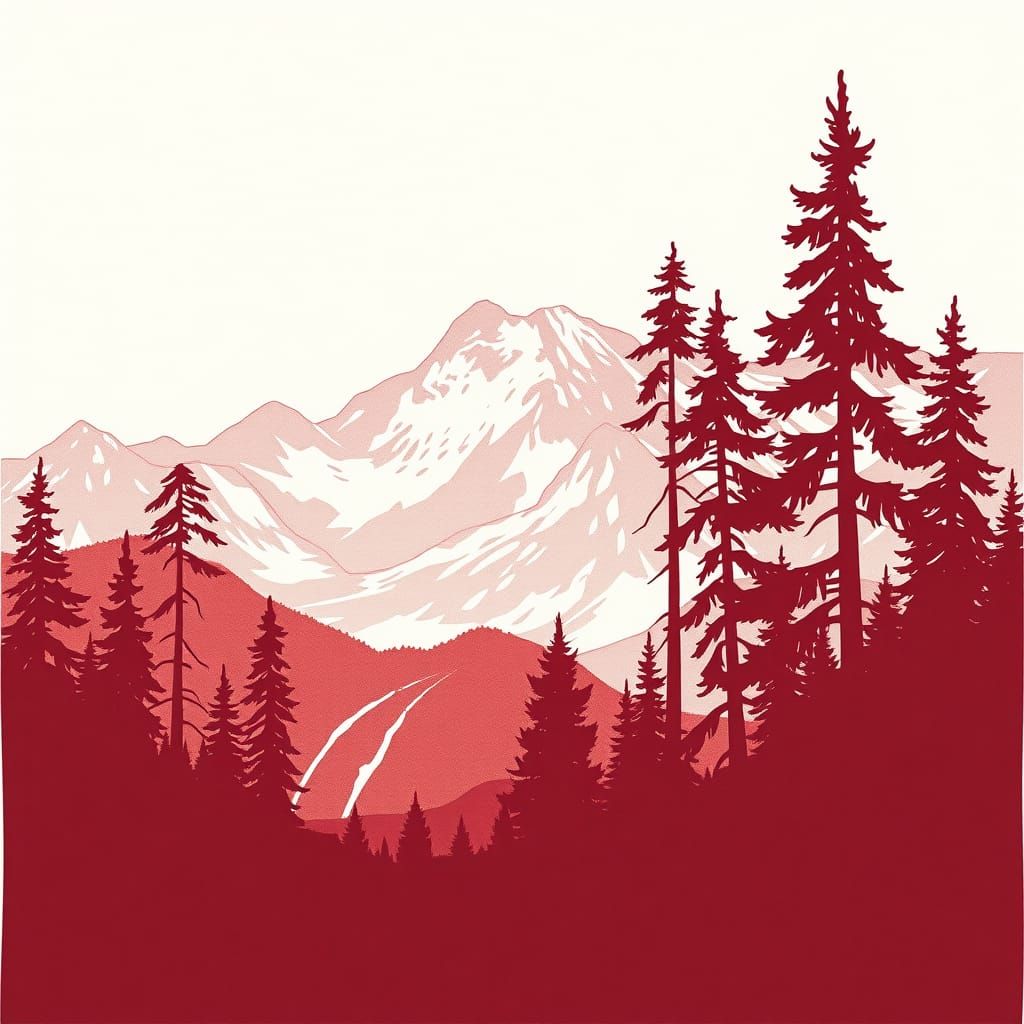 Minimalist Red and White Mountain Forest Landscape