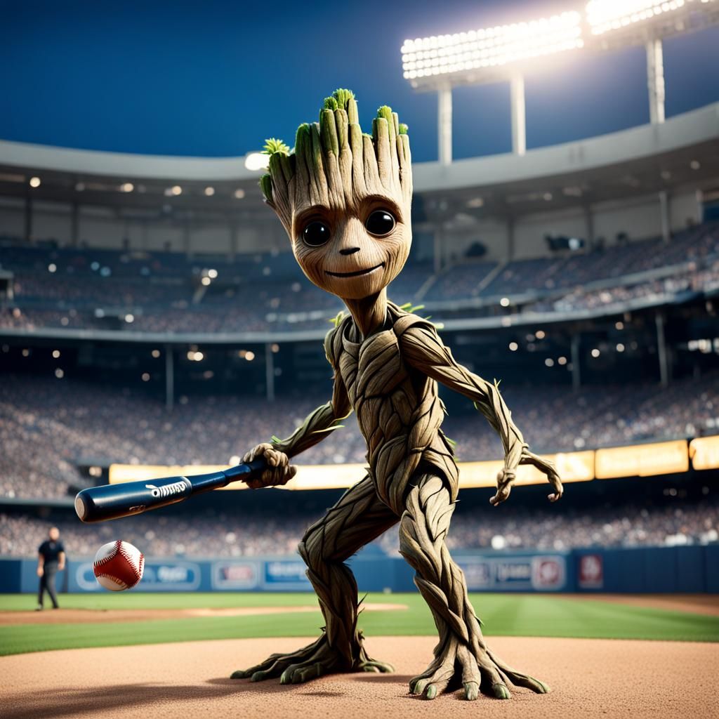 groot playing baseball at Dodgers Stadium