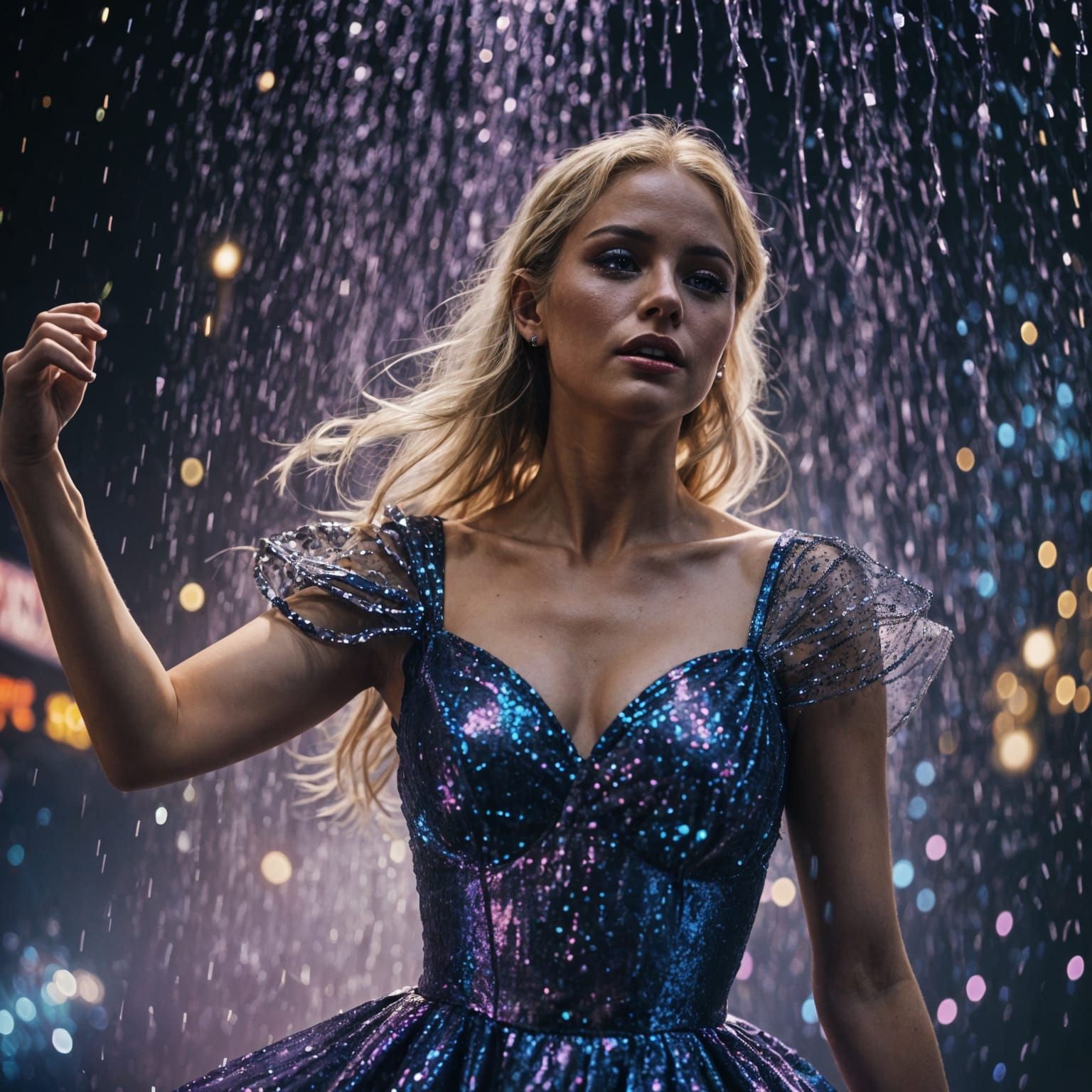 Young Woman Dancing in a Sparkling Dress