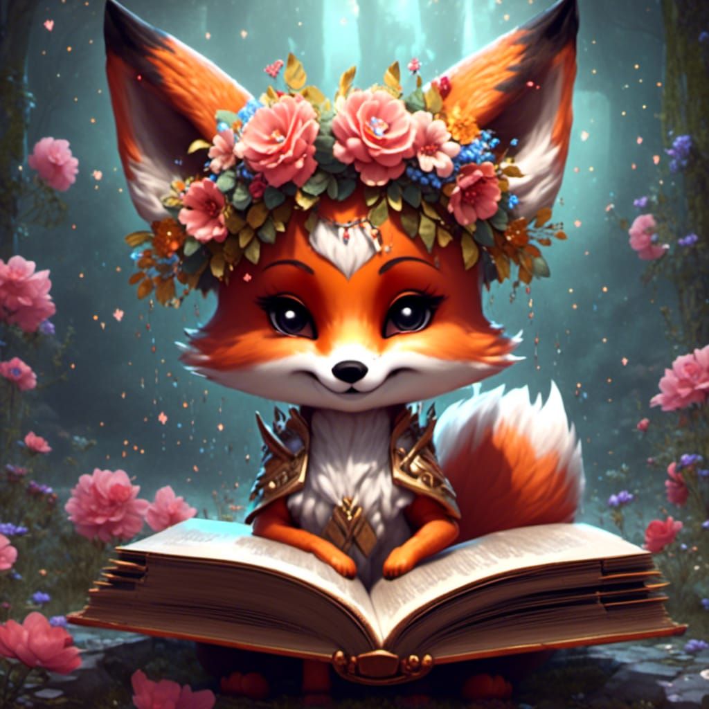 Chibi Fox with Magical Book, Digital Painting