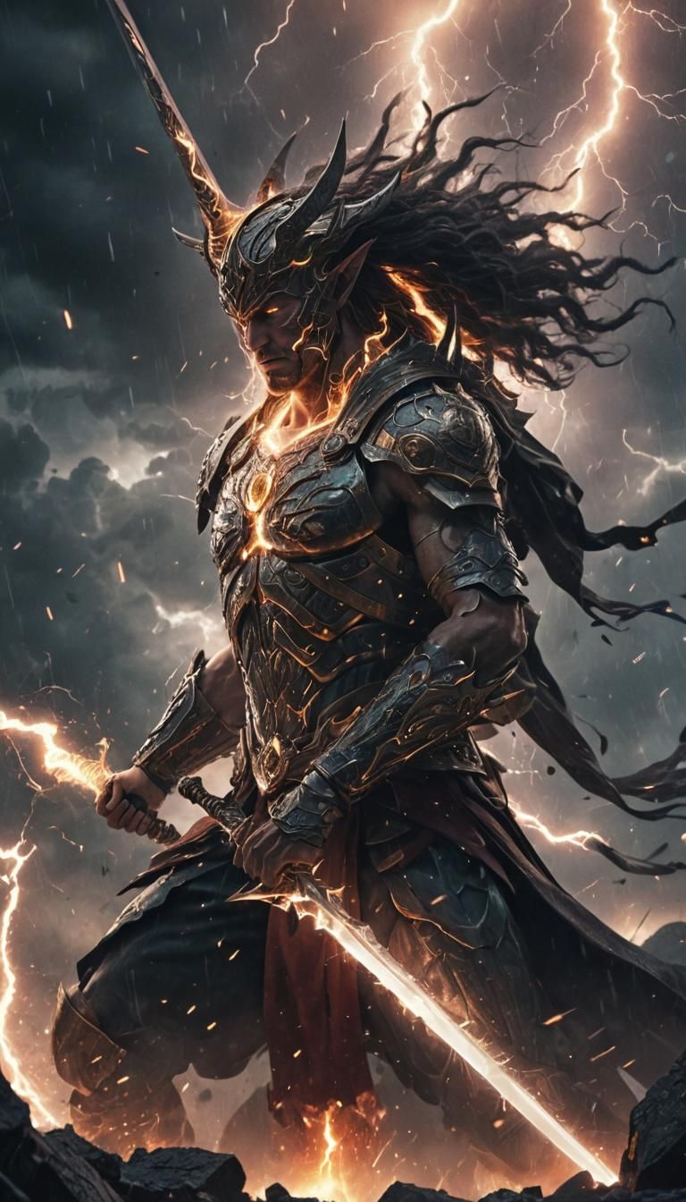 Human Warrior Battles God in Celestial Digital Art