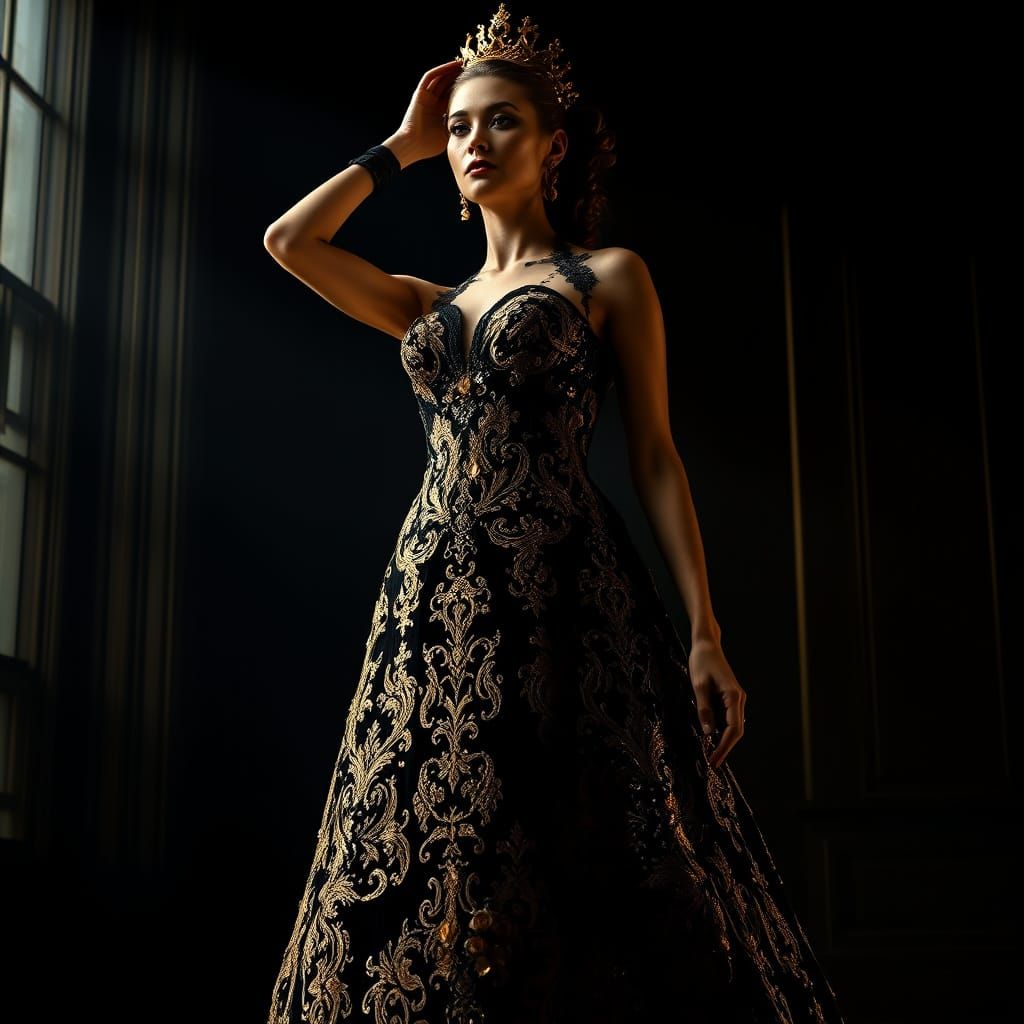 Regal Woman in Black and Gold Gown