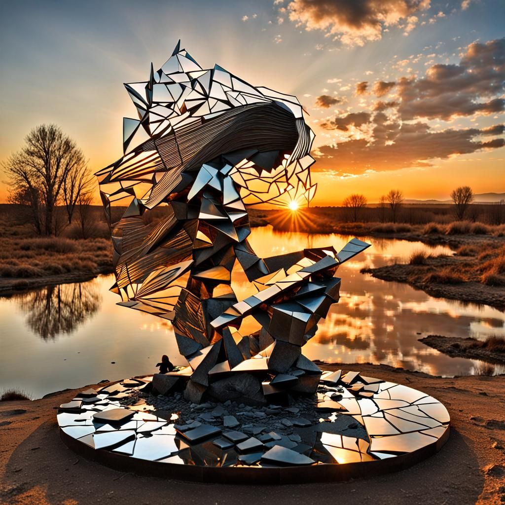 Surreal Fragmented Sculpture of Woman at Sunset
