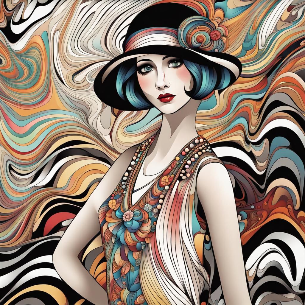 Colorful Stylized 1920s Flapper Girl with Abstract Elements