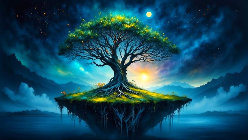 Ancient Glowing Tree on Floating Island in Twilight Sky