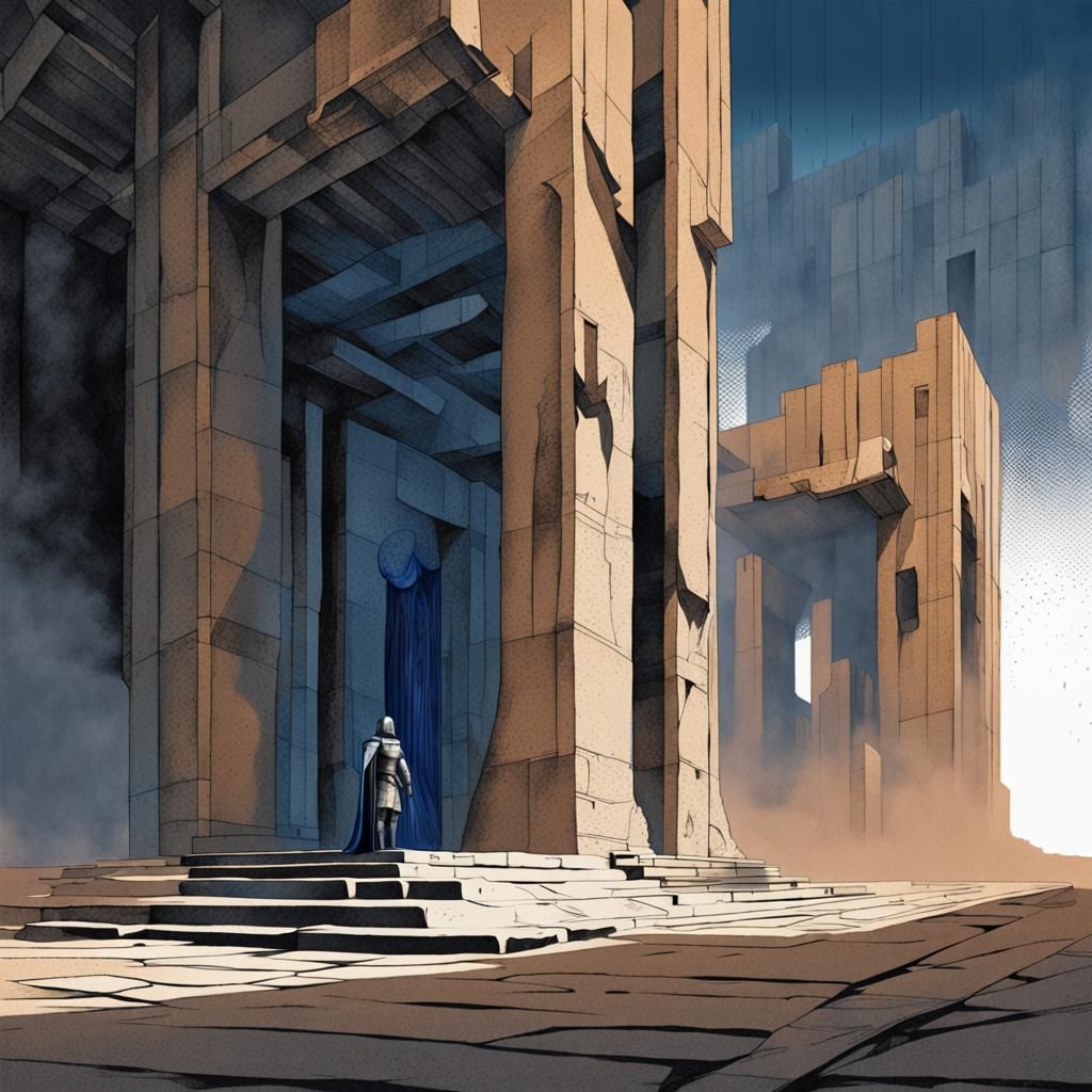 Knight at Brutalist Temple Entrance in Precisionist Style