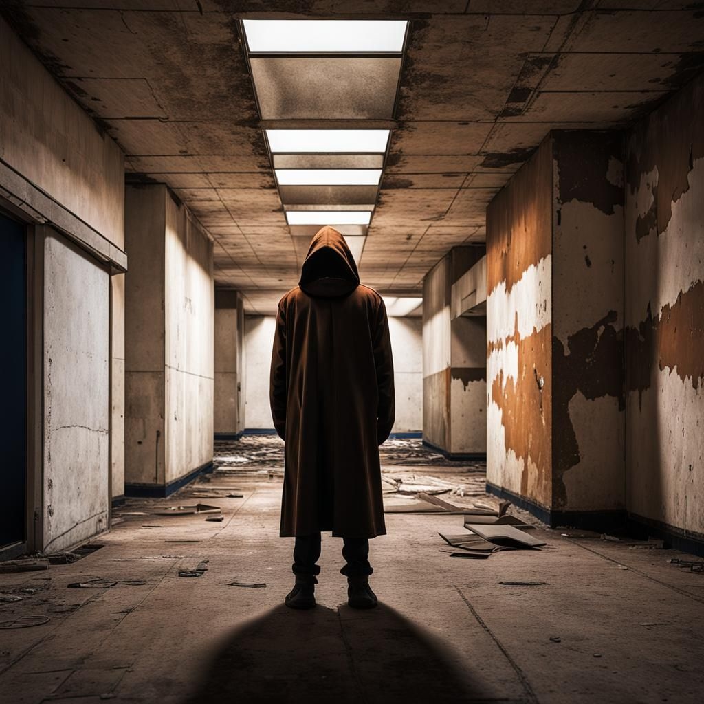 Surreal Figure in Abandoned Brutalist Building