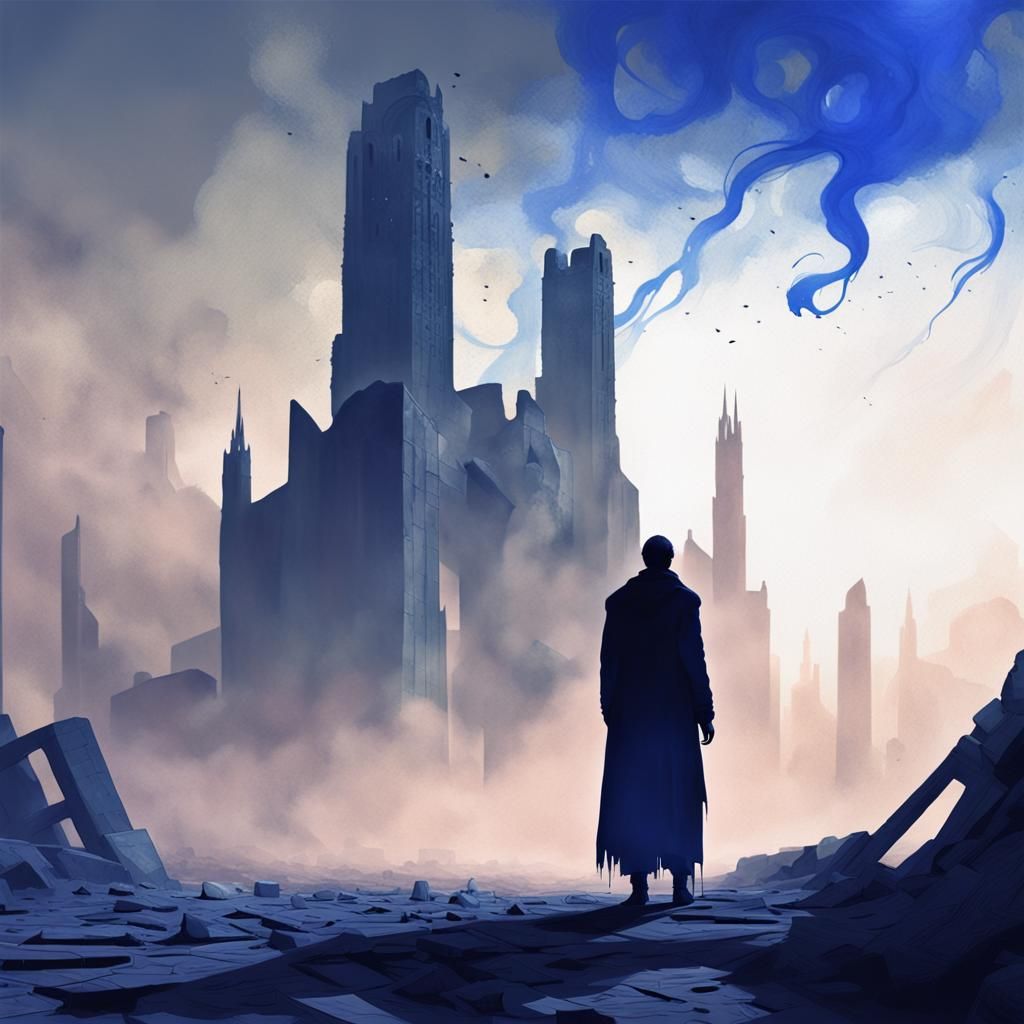 Surreal Ruined Cityscape with Brutalist Architecture