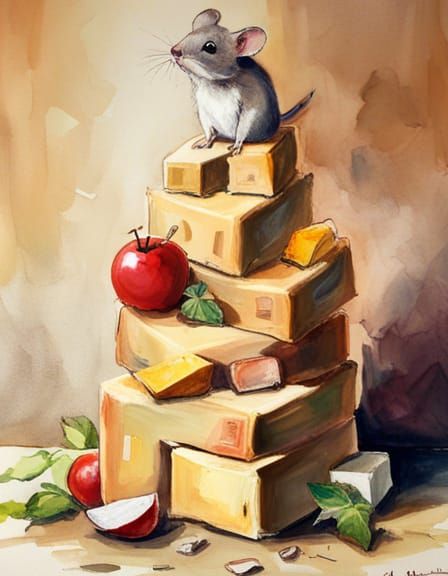 Cute Mouse and Cheese Tower, Gaudí-Kinkade Style