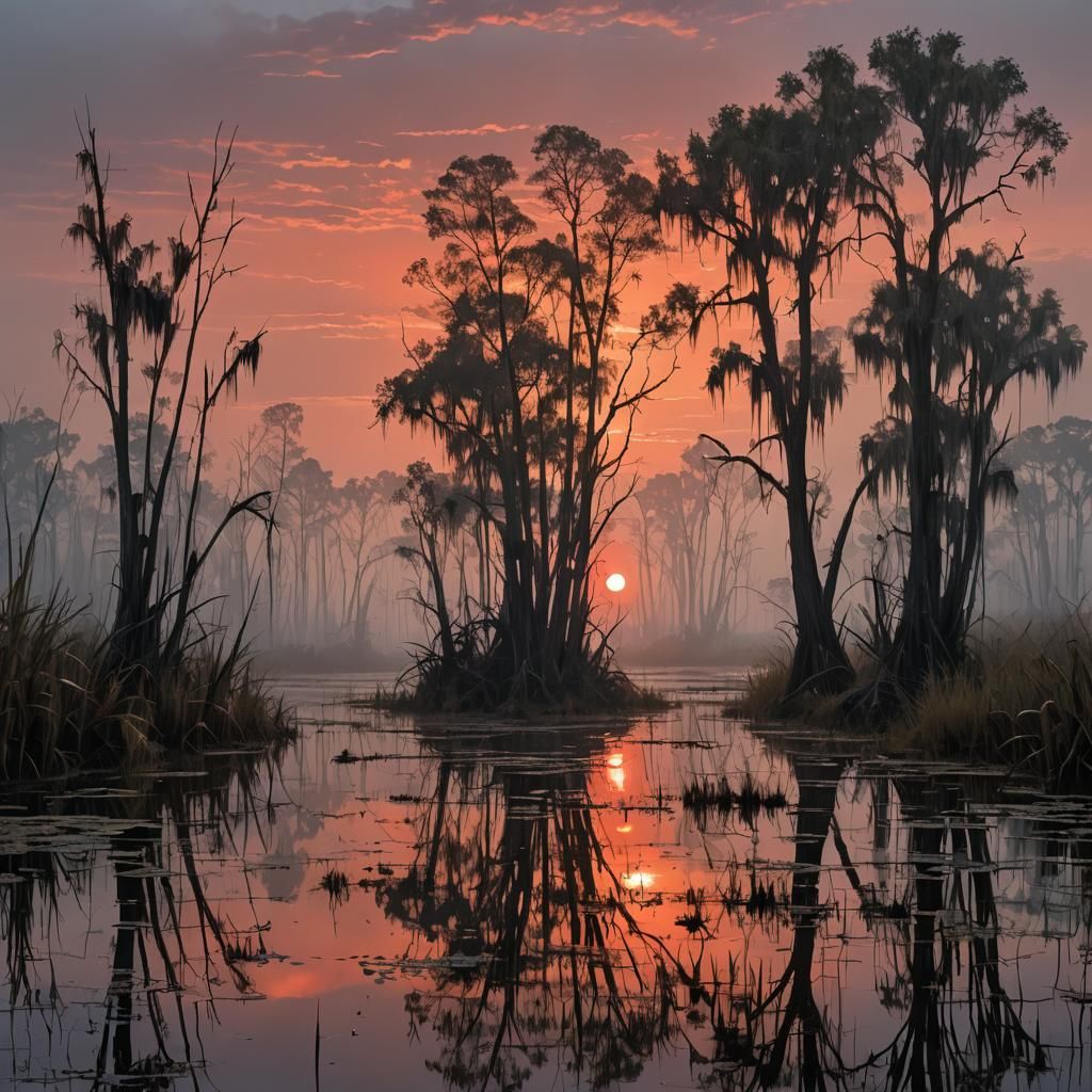 Dreamy Dusk Over Swamps: A Greg Rutkowski-Inspired Landscape