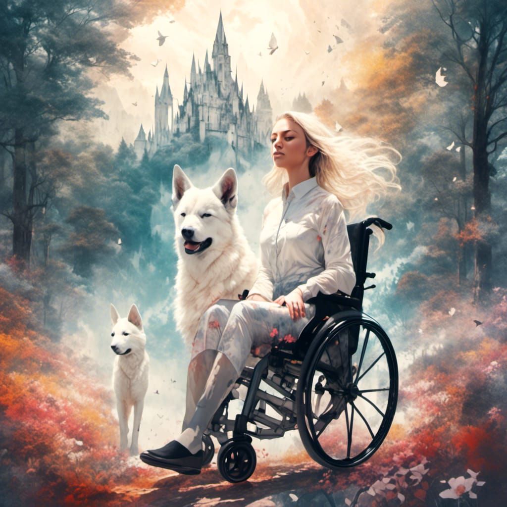 Woman and Dog in Forest, Watercolour Style