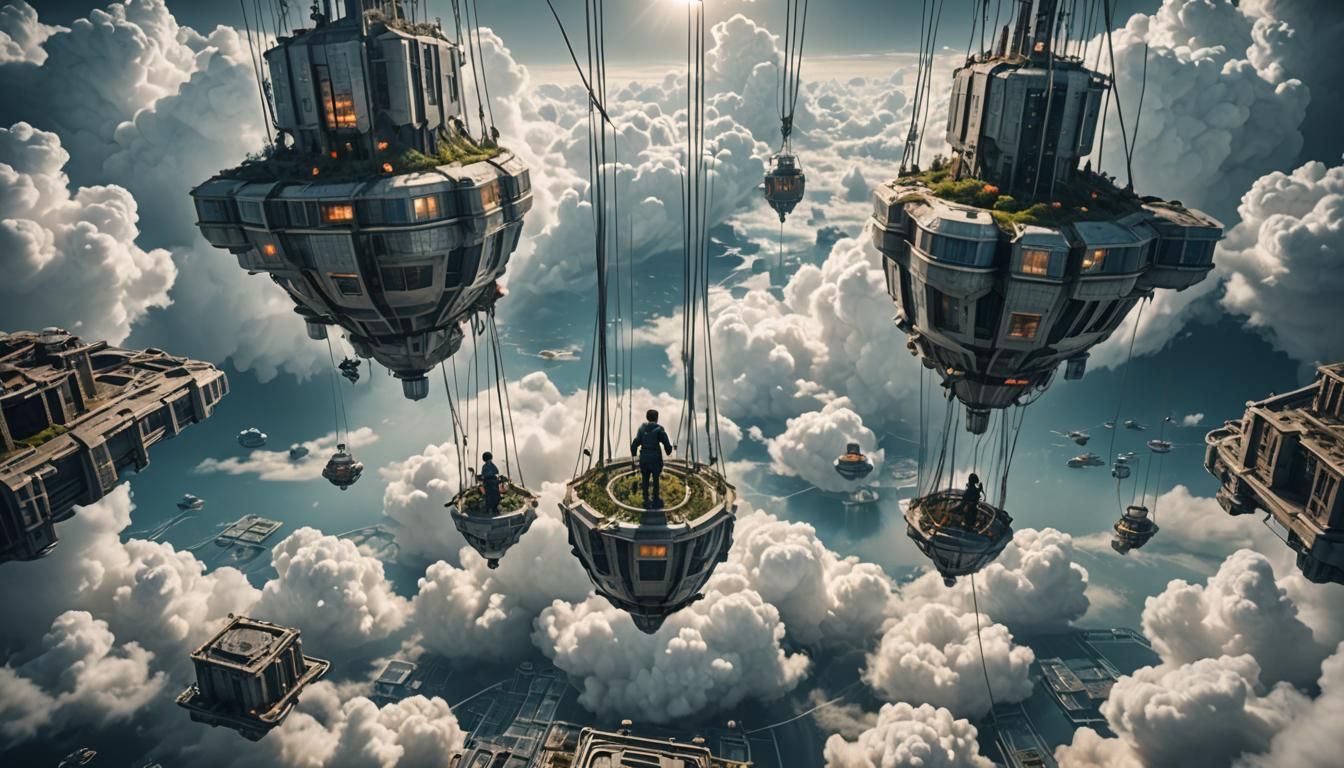 Floating Cloud Cities Connected by Ropes: Hyperrealistic HDR
