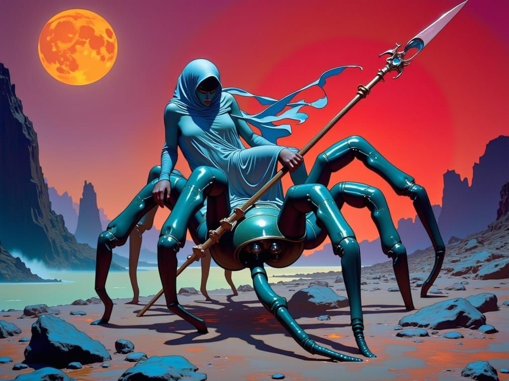 Ethereal Tarantula Riders in Vibrant, Iridescent Landscape