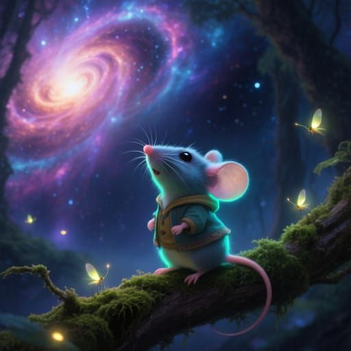 Bioluminescent Chibi Mouse Gazes at Nebula in Cosmic Forest