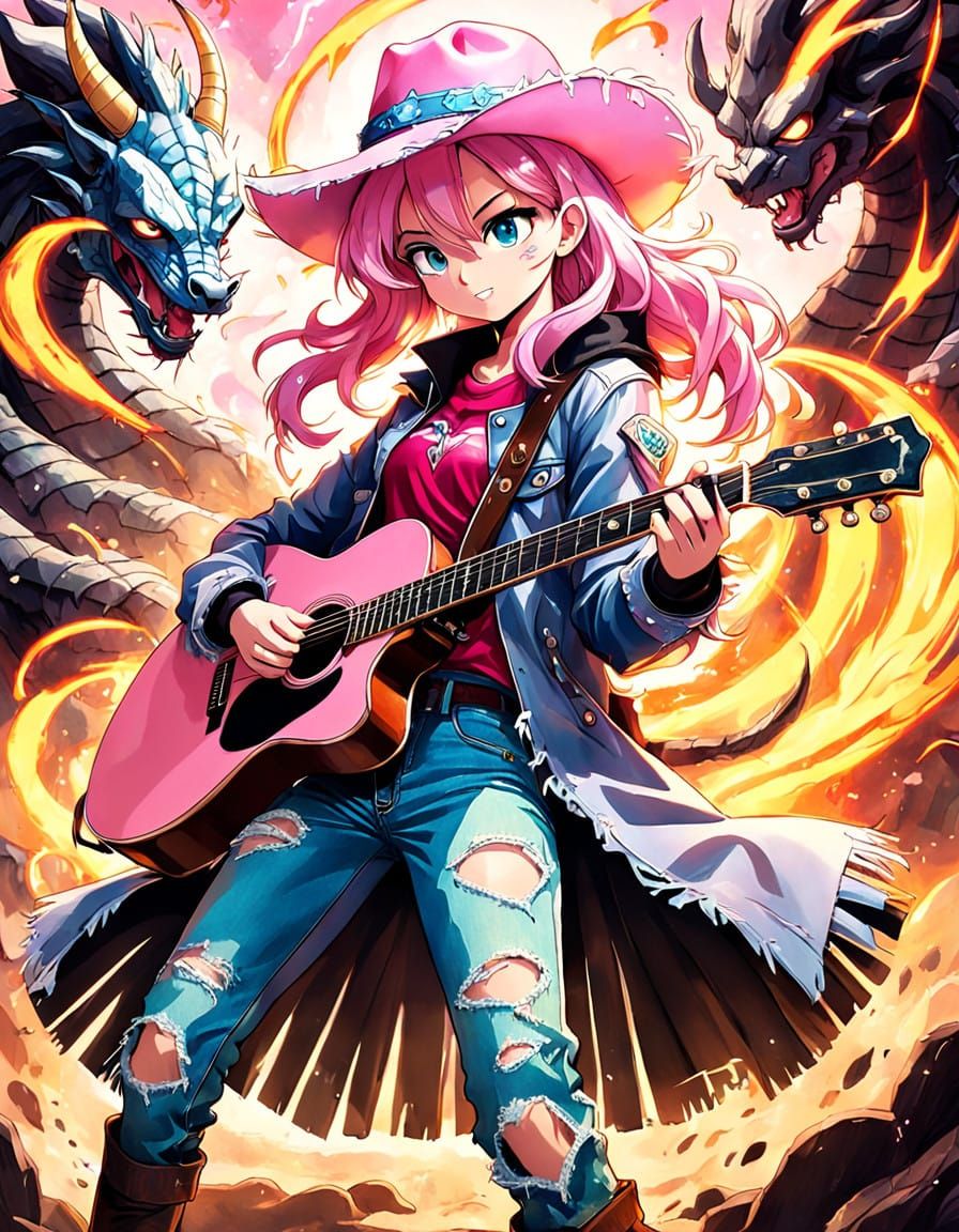 Anime Cowgirl Guitarist in Pastel Pink Hat Dragon Ball Style