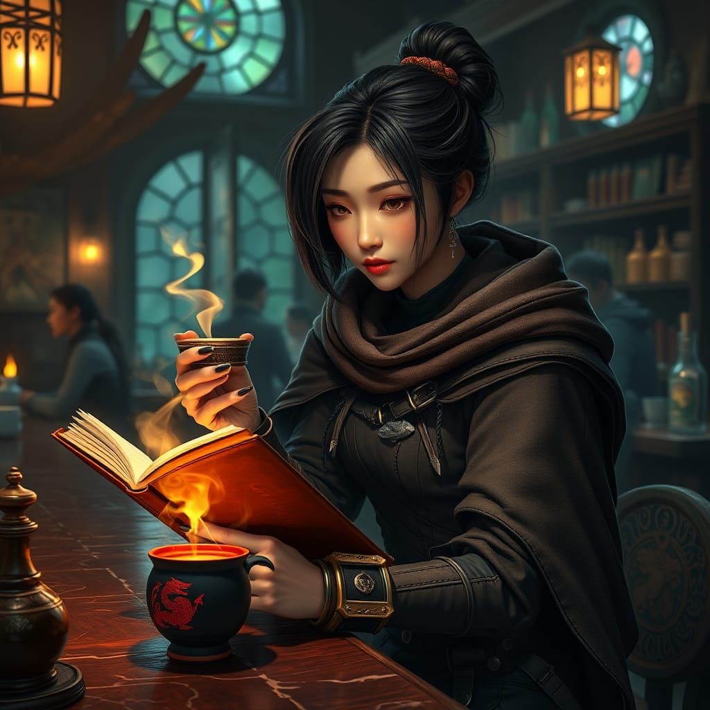 Fantasy Cafe Scene with Woman Reading, Digital Art