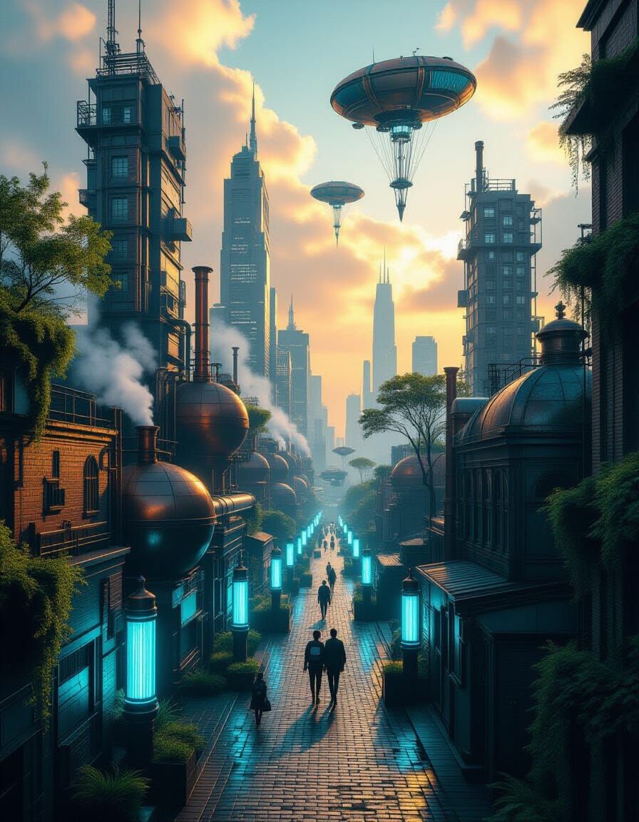 Futuristic Megalopolis Overrun by Nature in Steampunk Cyberp...