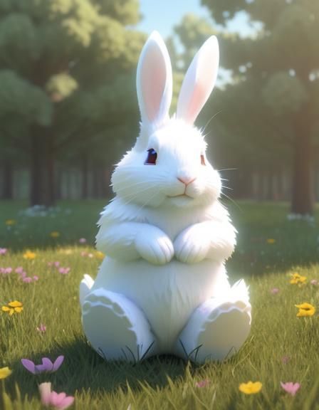 Cuddly White Rabbit in Meadow: 3D Digital Art