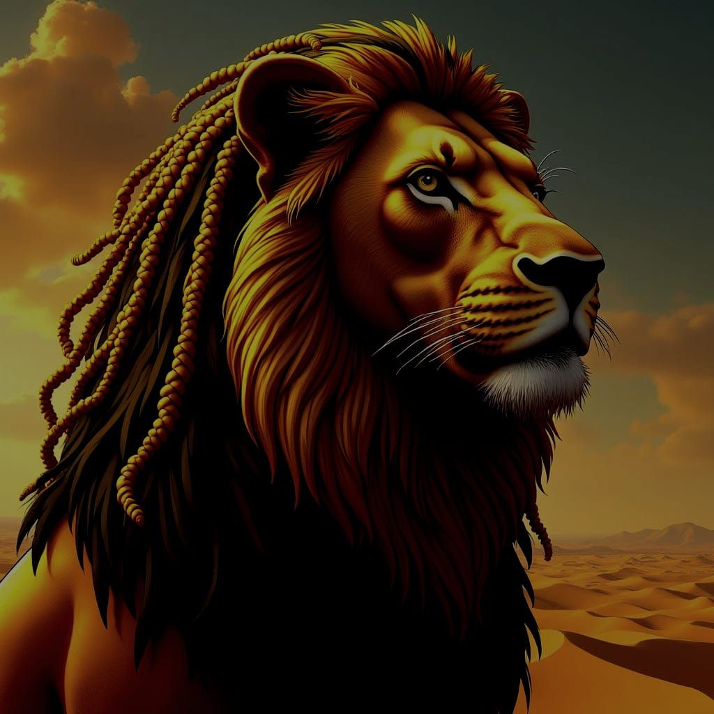 Ancient Egyptian Lion Head in Gold and Black, Set Against De...