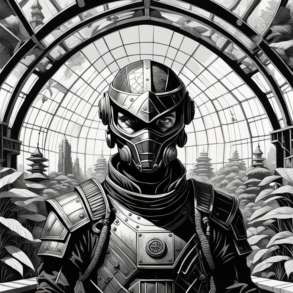 Futuristic Cyborg Ninja Guards Greenhouse in Lithograph Styl...