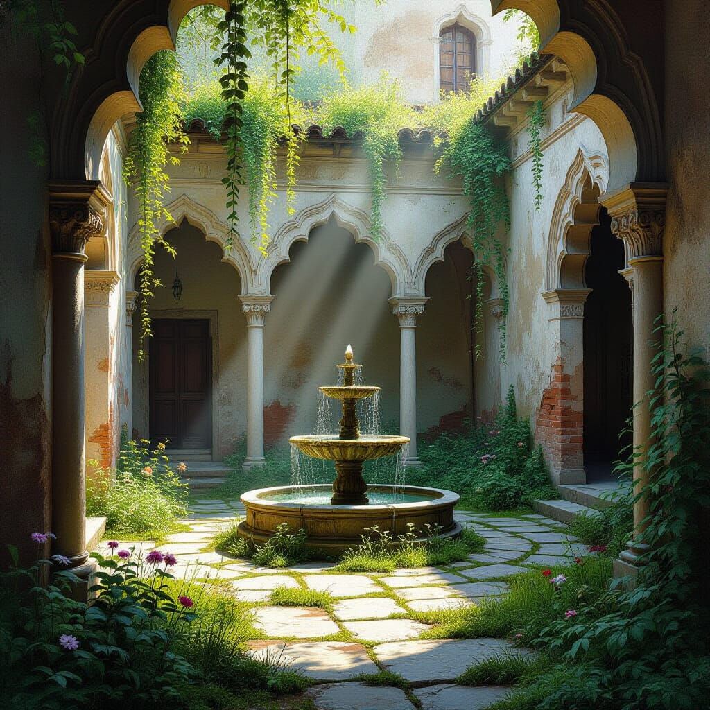Ancient Courtyard Oasis: Moss, Wildflowers, and Stillness