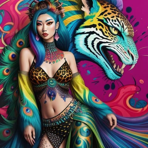 Asian Woman with Dragon Scales in Graffiti Art Style