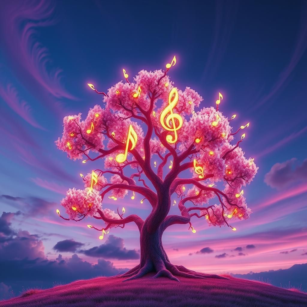 Surreal Tree of Musical Notes in Dreamlike Fantasy