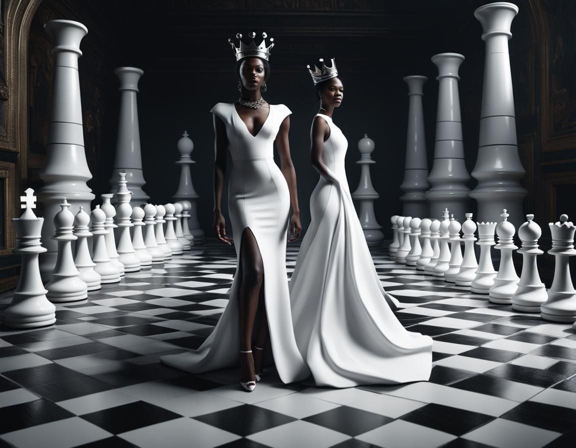 Photorealistic Black Woman on Chessboard in White Dress