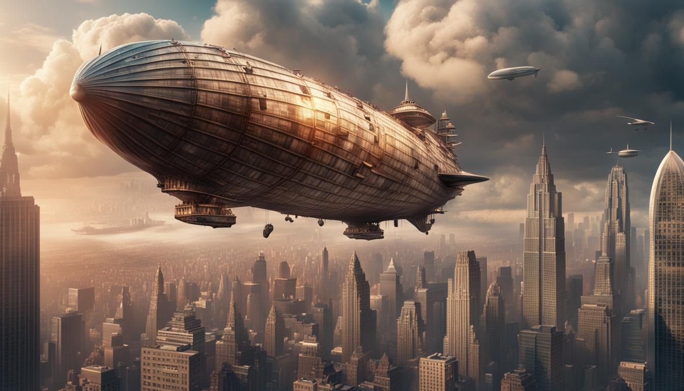 Epic Airship Over Skyscrapers: Cinematic Digital Painting