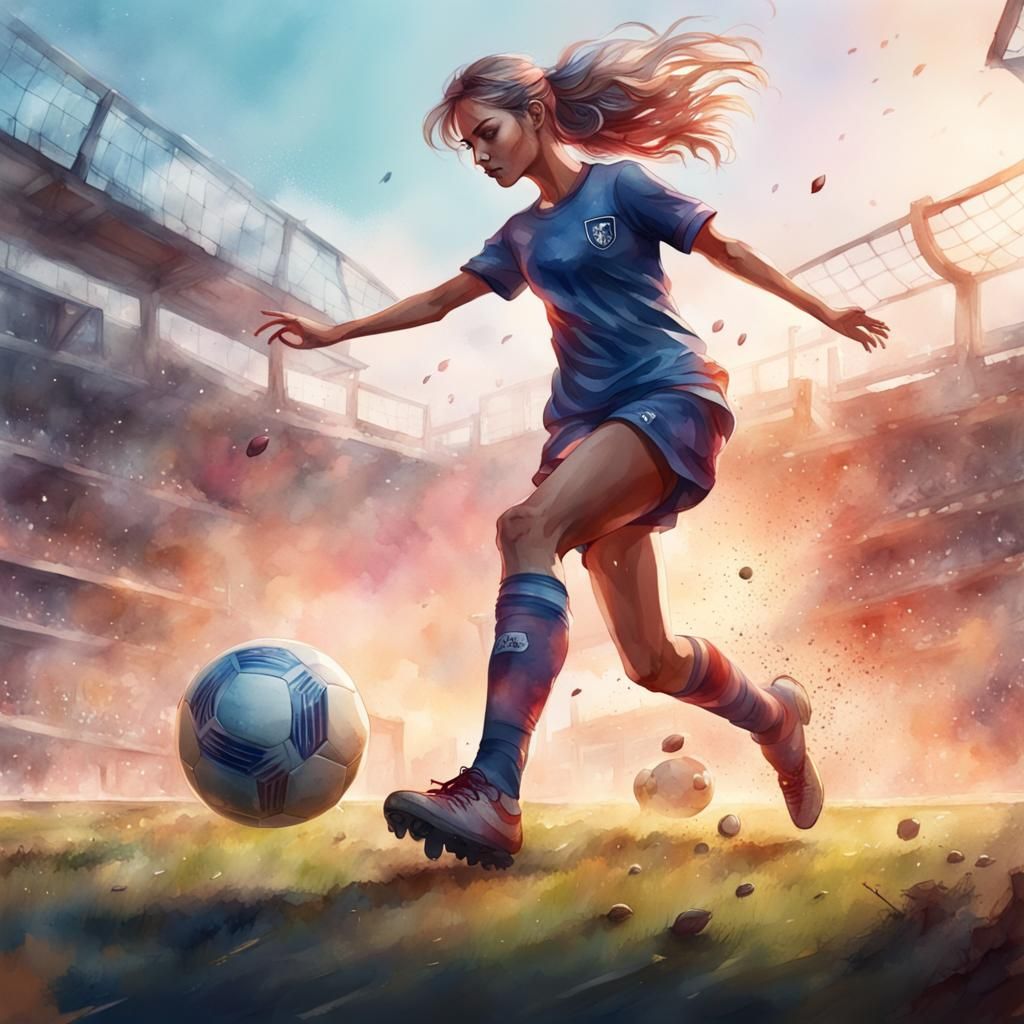 Girl Playing Soccer in Detailed Watercolor Painting