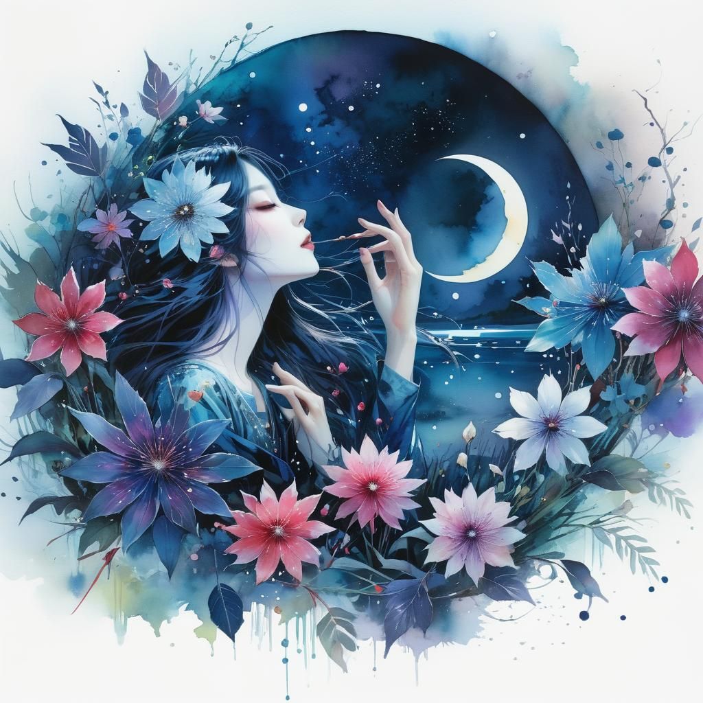 Dreamy Lake Glade at Night in Watercolor Art