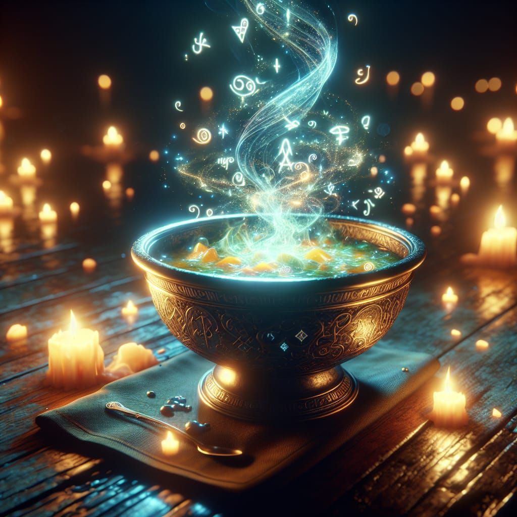 Luminous Enchanted Stew Levitating Over Wooden Table