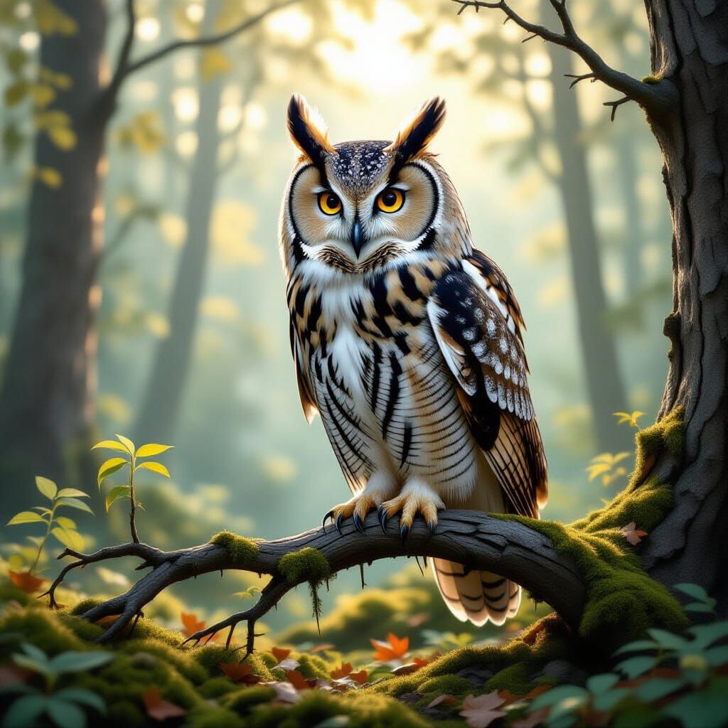 Majestic Owl in Ethereal Forest: Botanical Illustration